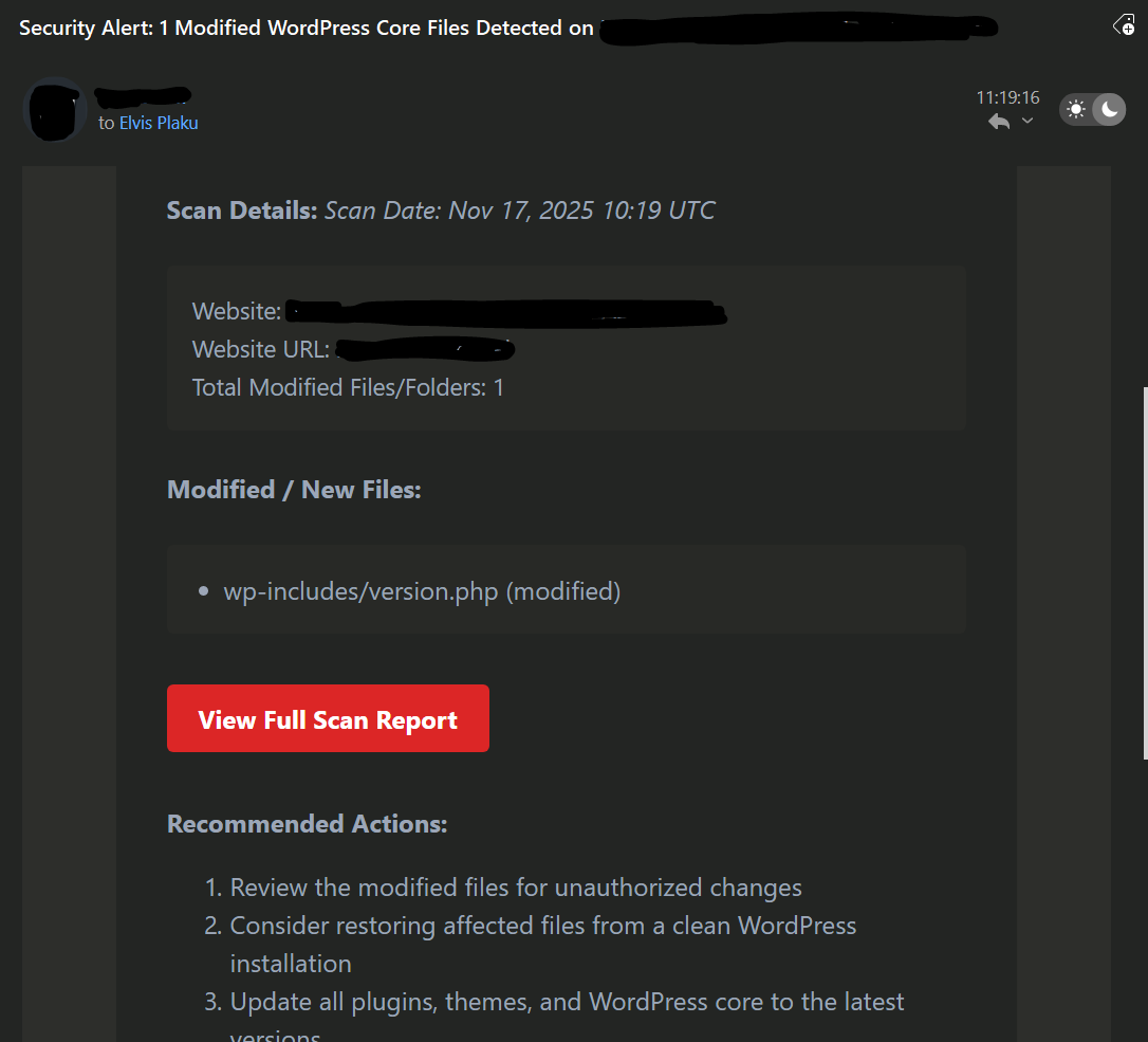WordPress security alerts showing file change detection