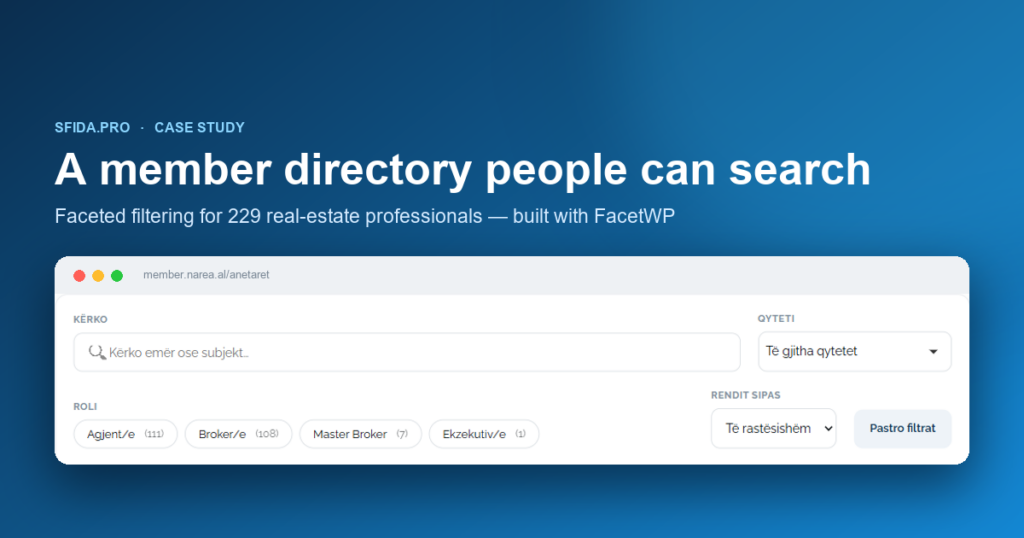 NAREA member directory — faceted search filter bar (Sfida.PRO case study)