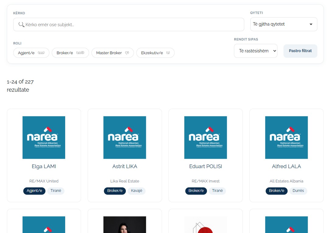 The NAREA members directory: filter bar and member cards