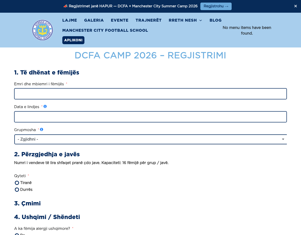 DCFA × Manchester City Summer Camp 2026 registration form built on Fluent Forms by Sfida.PRO